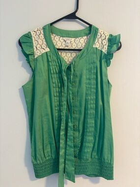 Camila Bright Green Button-Front Blouse with Cream Lace